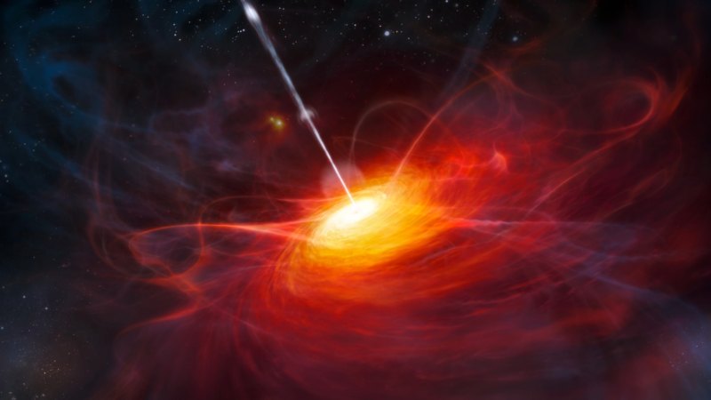 This illustration of a quasar shows a fiery swirl that appears reddish on the edges but gets progressively brighter and more yellow toward the center. A white streak of light shoots outward from the center and a starry sky is seen the in background.